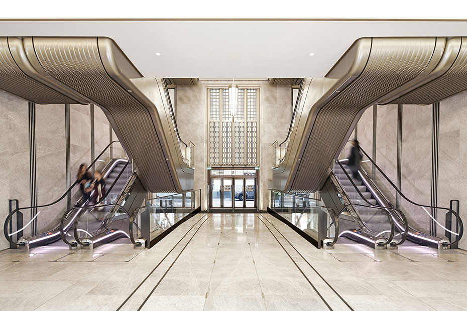 Champagne gold: Harrods of London: Metallier liquid metal; metal veneer; escalators; decorative metal coating